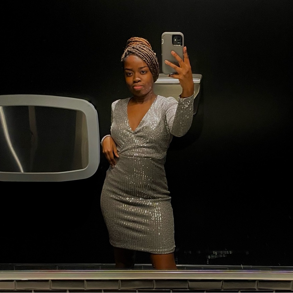Shimmery silver v cut dress